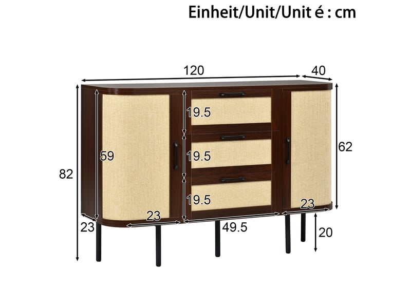  Buffet et enfilade 2 portes, 3 tiroirs, étagères réglables, finition noyer, pour salle à manger, 120 × 40 × 82 cm  - Conforama C