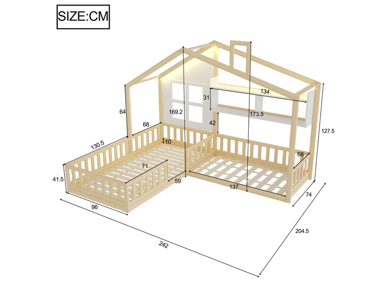  Lit cabane enfant tcqpz 90 x 200 cm led rangements sécurité bois naturel et blanc  - Conforama C