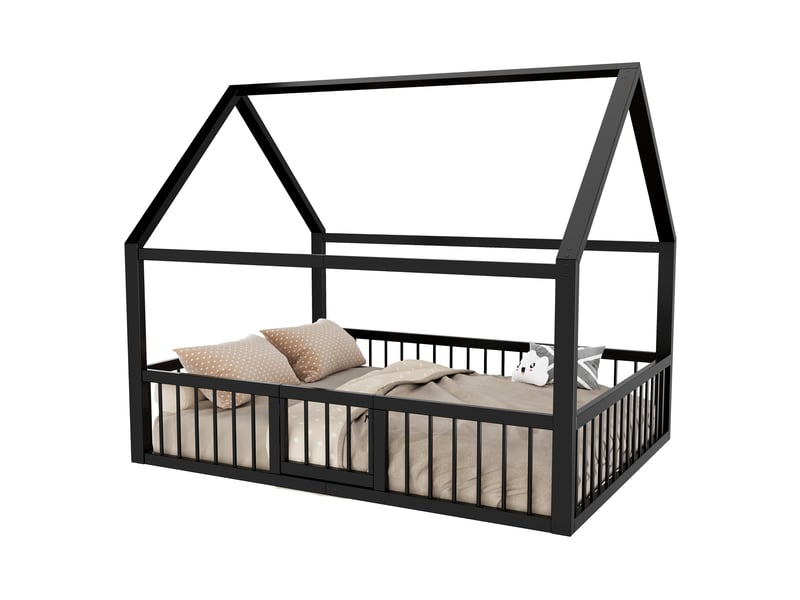  Lit cabane enfant 140 × 200 cm 2 places avec barrières et portillon, sans matelas, en métal, noir  - Conforama A