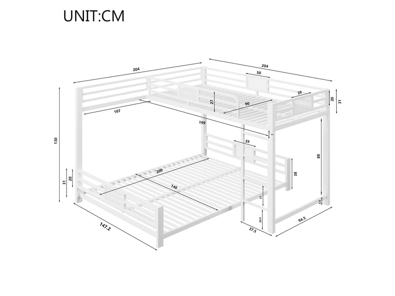  Lit superposé lit enfant en métal en l 90x200 cm au-dessus de 140x200, lit 2 personnes, blanc  - Conforama W