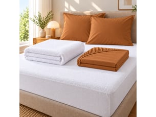 Pack literie protège matelas 140x190 imperméable + drap housse + 2 taies caramel