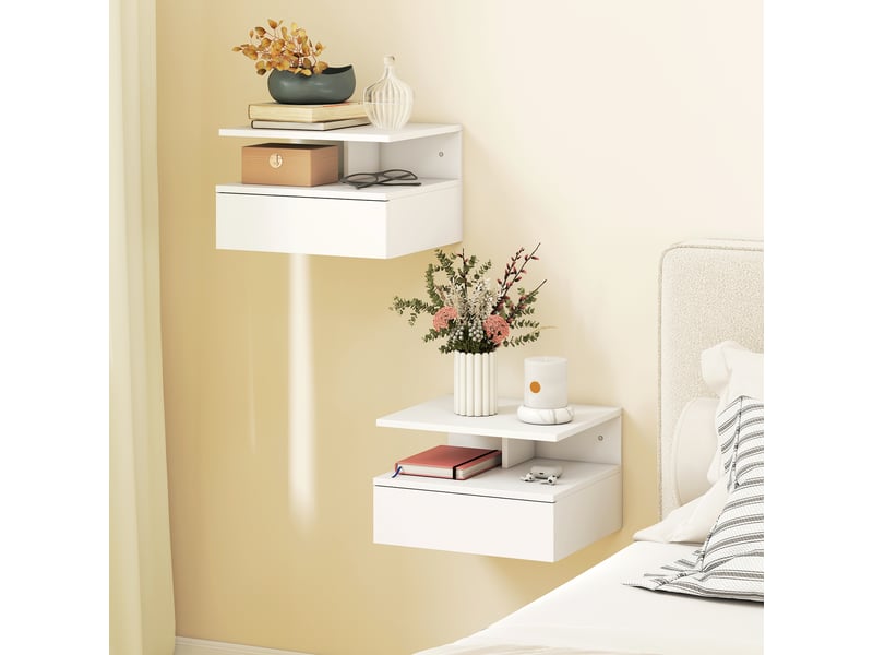  Lot de 2 tables de chevet murales, tables de nuit suspendues avec tiroir, 35x32x22,5cm, étagère ouverte, blanc  - Conforama D