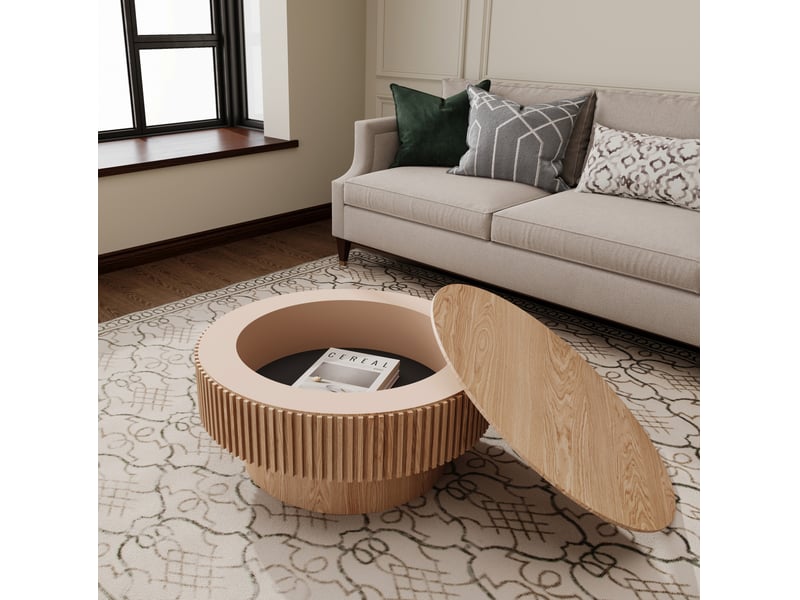  Table basse ronde 75x75x35 cm en mdf avec rangement, bois naturel  - Conforama D