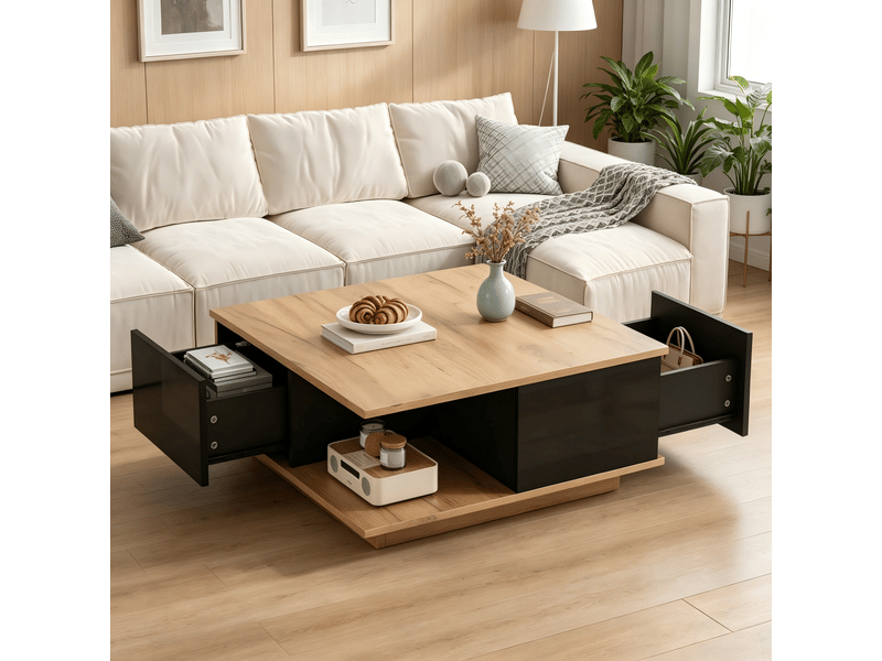  Table basse carrée moderne en bois - bicolore naturel et noir - 70 x 70 x 31,5 cm  - Conforama C
