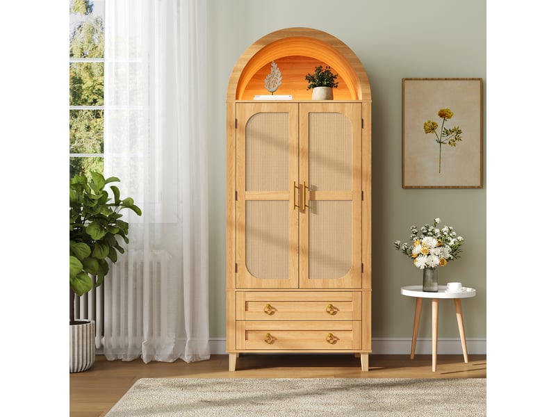 Buffet haut arche 76 cm décor bois naturel, 2 portes, 2 tiroirs et led Fay Lum - Conforama E