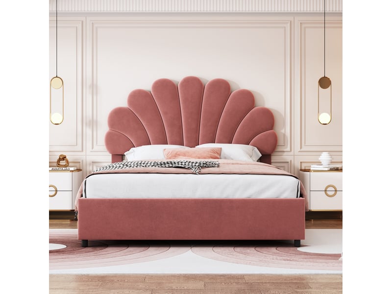  Lit enfant 140x200cm, lit coffre, sommier, lit 2 places avec tête de lit intégrée, velours rose, sans matelas  - Conforama E