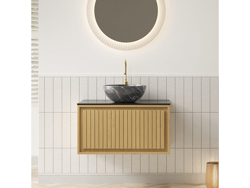  Meuble sous vasque suspendu avec tiroir, vasque céramique et plateau en pierre frittée, salle de bain, noir et chêne doré  - Conforama C