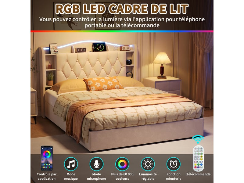  Kefsr lit coffre 140x190 cm en velours beige - lit adulte 2 places avec sommier relevable, éclairage led rgb, tête de lit avec rangement et prise usb charge sans fil  - Conforama D