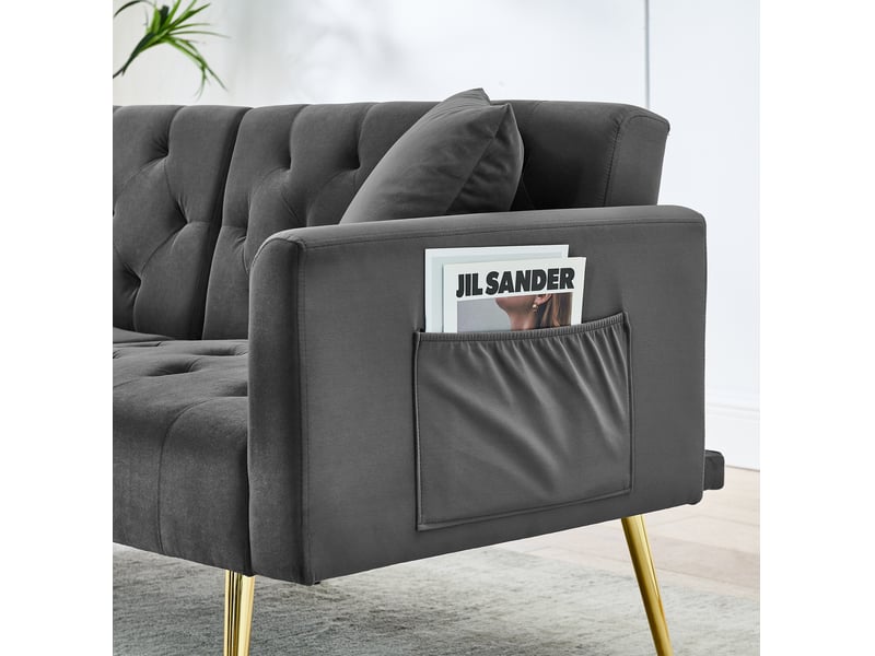  Canapé convertible 2 places 177x78x74 cm gris en velours, dossier réglable 3 positions, pieds métalliques  - Conforama E