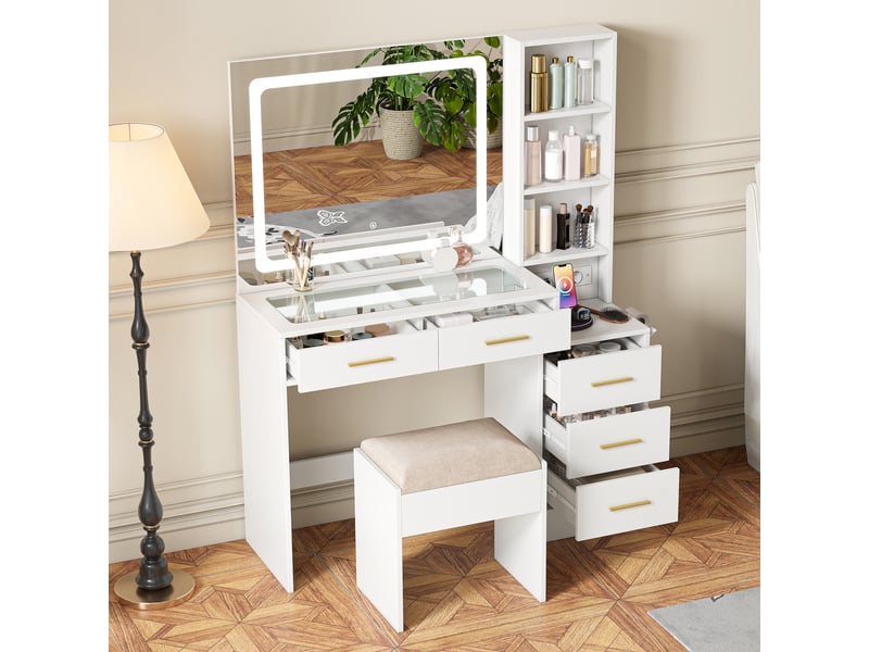  Coiffeuse maquillage avec tabouret - 110 x 36 x 140 cm - blanc - table de maquillage avec plateau en verre, grand miroir led, tiroirs et étagères  - Conforama C