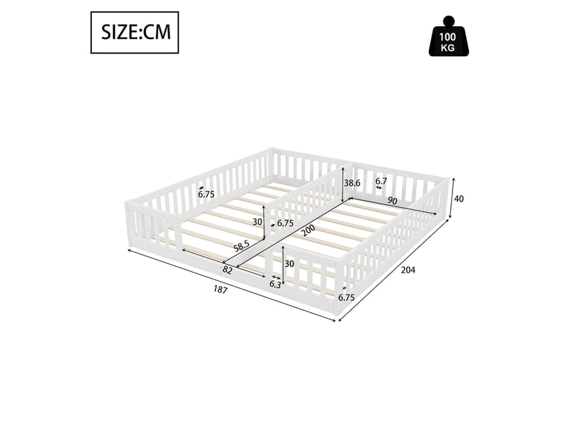  Lit bas enfant 2 places, 2 couchages 90×200 cm avec barrières - okmyhome- en pin et mdf, sans matelas  - Conforama D