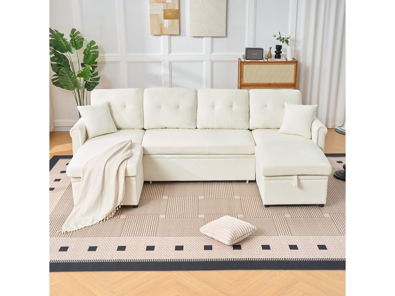  Canapé d'angle convertible en u avec coffre de rangement en chenille beige  - Conforama E
