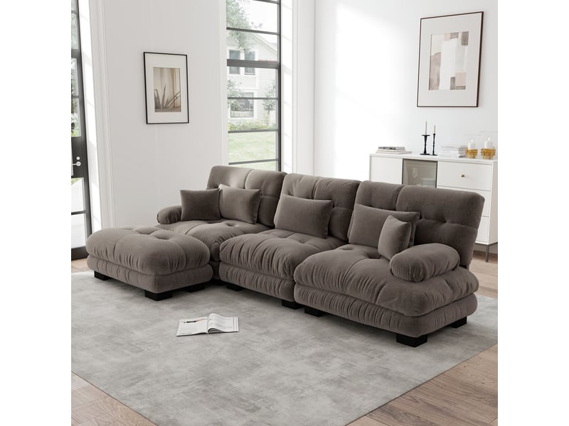  Canapé d'angle modulable en l 313x145cm, canapé salon profond avec ottoman, tissu chenille marron, design contemporain  - Conforama B
