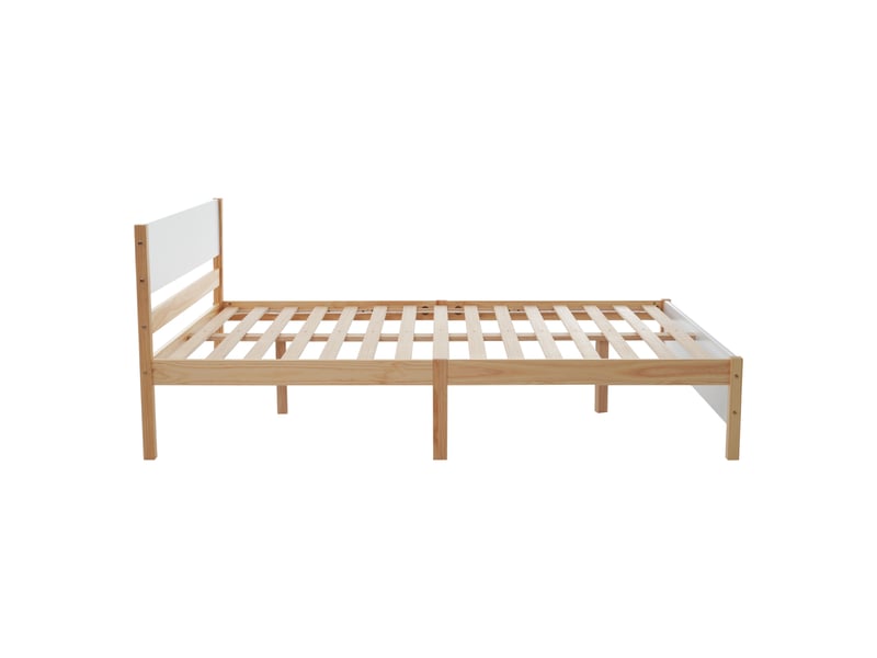  Lit double en bois 140x200 cm, cadre en pin avec pied central, lit enfant, lit adulte avec tête et pied de lit en mdf, blanc+naturel  - Conforama E