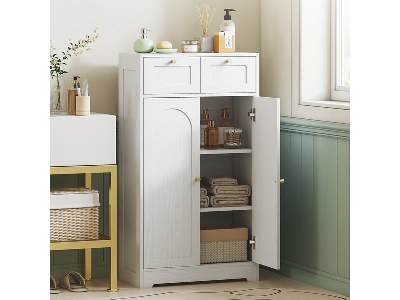  Meuble de salle de bain meuble de rangement avec 2 tiroirs double porte arquée étagères réglables blanc 60x30x108cm  - Conforama A