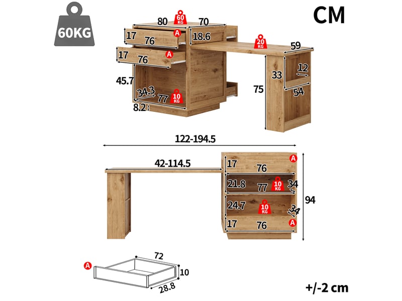  Îlot de cuisine longueur 122-194.5 cm - éclairage led - extensible - 6 places - 2 à 6 personnes - grand rangement - étagères réglables - bois naturel CozyNest - Conforama D