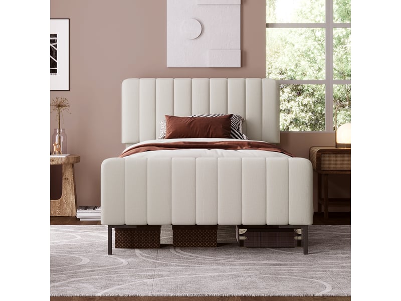  Lit 1 personne 90x200 cm avec matelas, structure de lit avec tête de lit réglable en lin, gris beige, lit enfant rembourré  - Conforama D