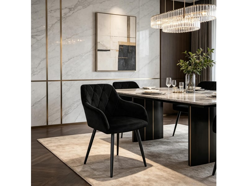  Chaise de salle à manger avec accoudoirs, assise en velours noir et pieds en métal  - Conforama B