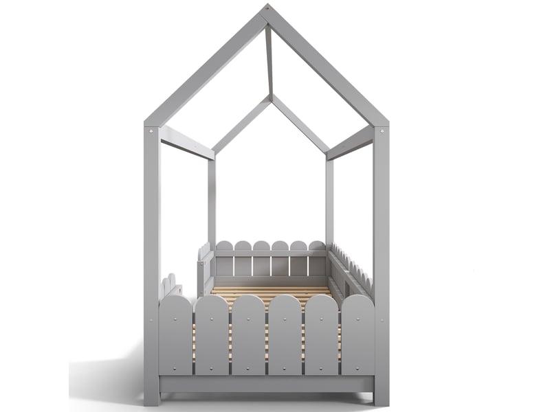Lit cabane enfant 90x200 gris en pin massif et mdf, cadre de lit maison avec toit et clôture, sommier à lattes rigide - Conforama A