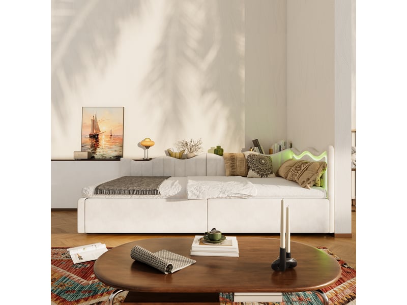  Lit coffre 1 place 90x200 cm, lit enfant avec rangement, led, design moderne, en velours blanc cassé, sans matelas  - Conforama C