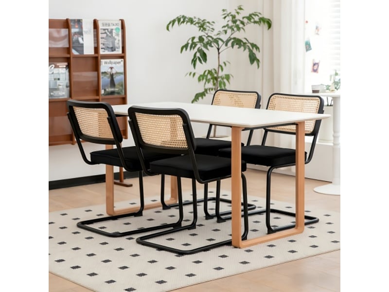  4 chaises salle à manger en velours et rotin - pieds chromés, style breuer mid-century, rembourrées, salon-cuisine  - Conforama D