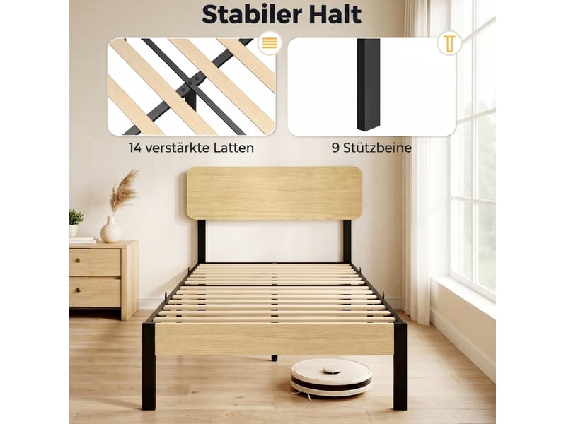  Lit cadre 90x200 cm avec tête de lit, sommier à lattes, espace sous lit de 31,5 cm, métal et bois naturel, sans matelas  - Conforama E