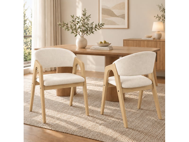  Lot de 4 chaises de salle à manger avec accoudoirs, bois d’hévéa, beige  - Conforama B