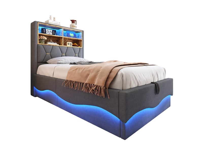  Lit coffre enfant 90x200 cm avec led et prise usb, revêtement en lin gris  - Conforama A