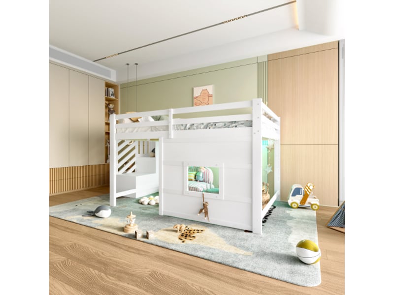  Lit mezzanine 140x200 cm blanc en pin avec escalier de rangement, fenêtre et éclairage led  - Conforama B