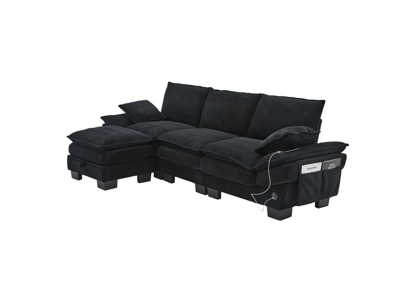  Canapé modulable 3 places en velours côtelé noir avec pouf de rangement  - Conforama A