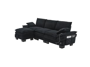 Canapé modulable 3 places en velours côtelé noir avec pouf de rangement