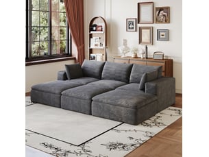 Canapé modulaire 6 places à coussins amovibles, soutien en mousse, sans montage, en velours côtelé gris foncé
