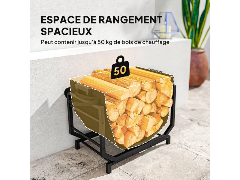  Porte-bûches intérieur avec sac amovible, cadre en métal noir, charge 50 kg  - Conforama R