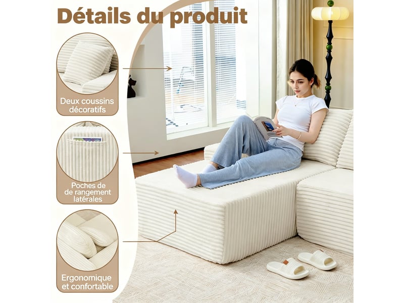  Canapé d’angle, modulaire en velours côtelé, bas luxueux, compact mousse, gauche, salonchambre, 79x239x156 cm, beige  - Conforama E