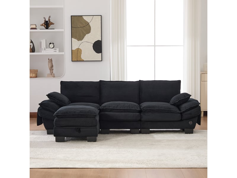 Canapé modulable, canapé 3 places – en velours tricoté, avec pouf, mousse haute densité, port usb, poches latérales, noir - Conforama D