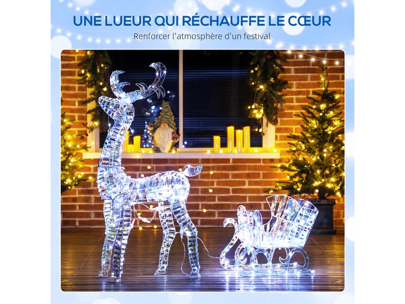  Renne et traîneau lumineux de noël avec 170 led blanc chaud, décoration de noël pour intérieur et extérieur, 60x29x115cm  - Conforama D