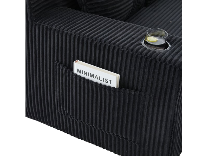Canapé convertible 3 places 172 x 87 cm – noir – velours côtelé, porte-gobelets et poches latérales - Conforama E