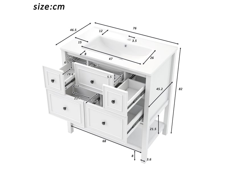 Meuble vasque salle de bain blanc 76 cm avec lavabo céramique intégré, 5 tiroirs et étagères ouvertes - Conforama C