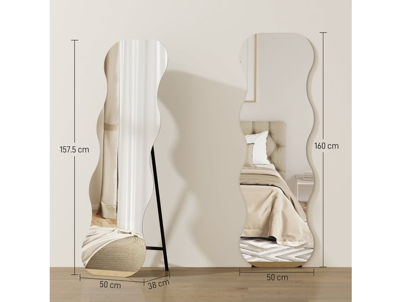 Miroir simple sur pied sans cadre à forme ondulée, support en métal et base en bois noir, 50 × 2,7 × 160 cm - Conforama E