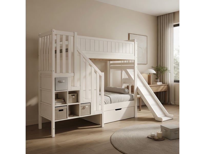  Gutenacht lit superposé 90x200 cm blanc avec toboggan, échelle-rangement et tiroirs  - Conforama D