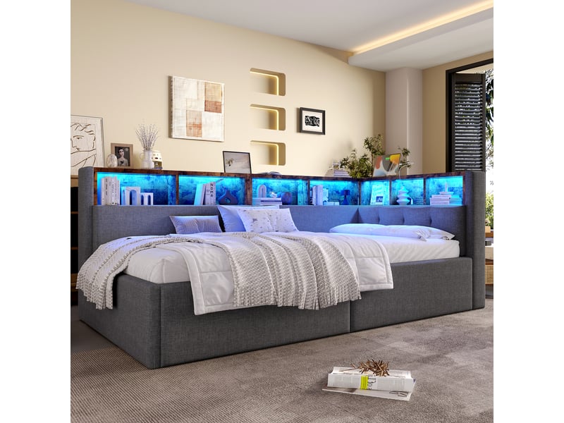  Lit de jour 90 × 200 cm avec usb et type-c, rangement hydraulique, led, sans matelas, gris, lin  - Conforama D