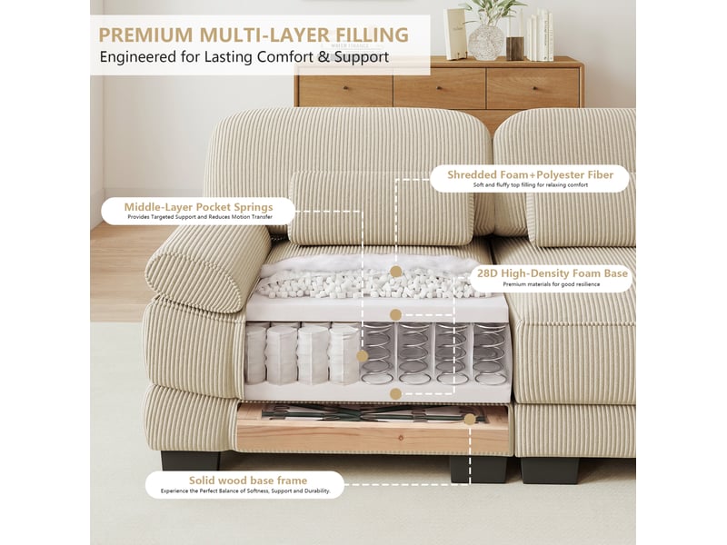  Canapé modulable modenvie 3 places en u avec 2 poufs, velours côtelé beige, 265 x 161 x 94 cm  - Conforama E