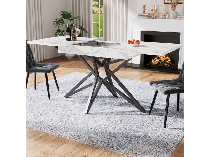  Ensemble de table à manger extensible avec 4 chaises, plateau effet marbre blanc, pieds métal noirs, style moderne  - Conforama C