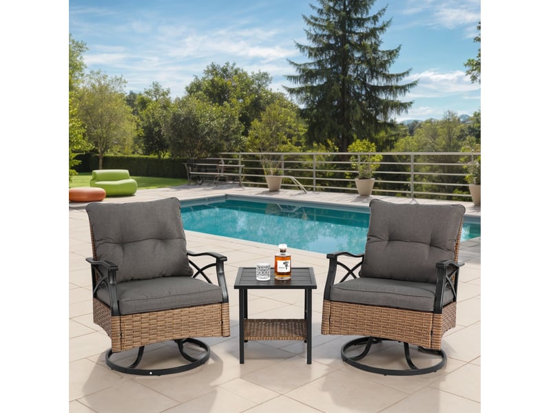  Salon de jardin 3 pièces avec 2 fauteuils pivotants 360° en résine tressée marron et table, coussins gris inclus  - Conforama B