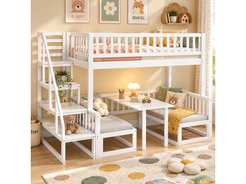  Lit superposé 90x200 et 120x200 cm avec escalier, table convertible, banquette bois et cadre pin, blanc  - Conforama D