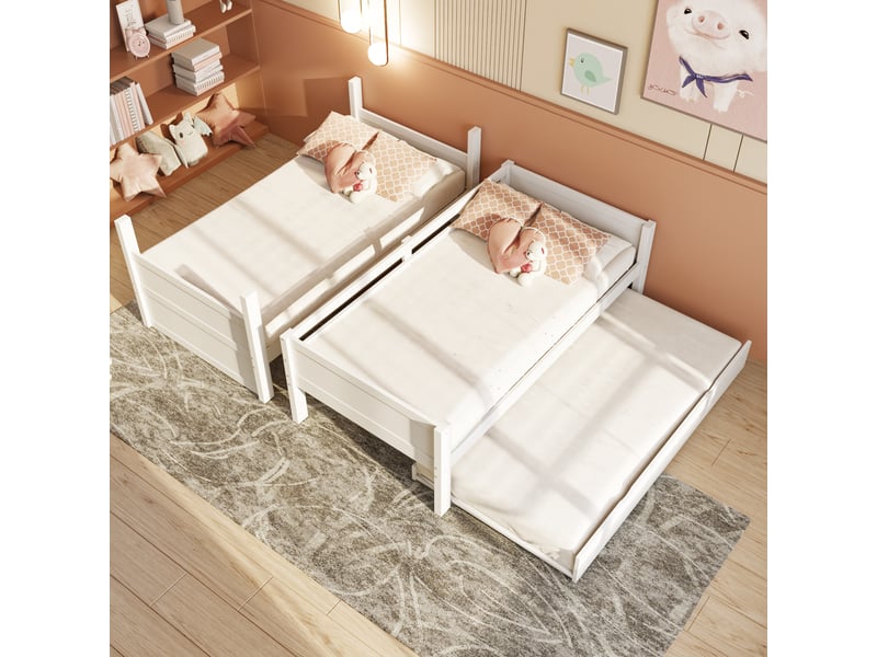 Lit superposé bois 90 x 200 cm blanc avec lit tiroir extensible, séparable en 2 lits simples, garde-corps, échelle et sommiers à lattes - Conforama D