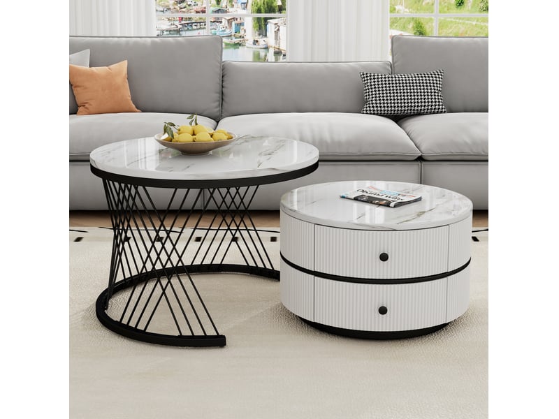  Lot de 2 tables basses gigognes rondes blanches avec 2 tiroirs, 60 x 60 x 46 cm et 50 x 50 x 31 cm  - Conforama C