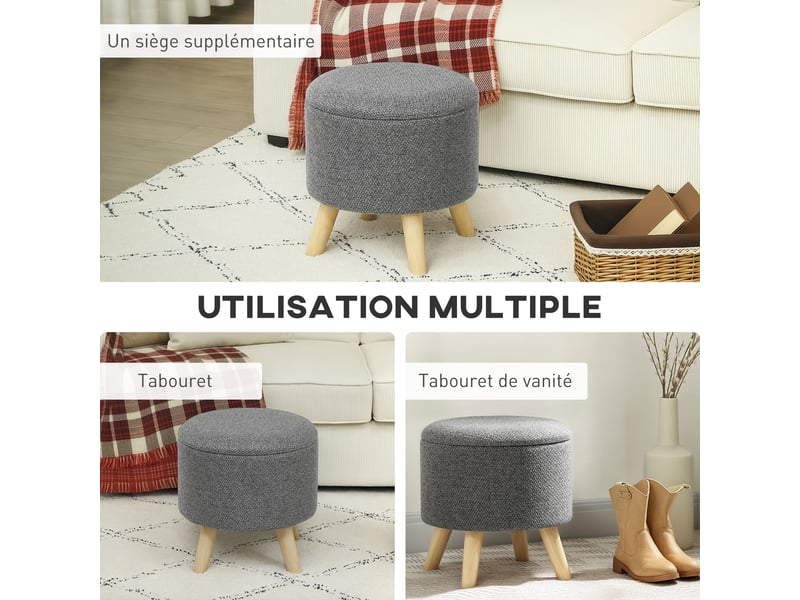  Pouf rond repose-pieds tabouret avec coffre de rangement pieds en bois design moderne gris  - Conforama R