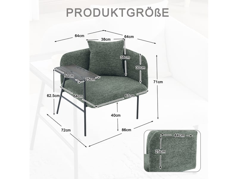  Fauteuil avec table d’appoint 64x67x71 cm, pieds métalliques, rangement latéral, pour salon, bureau, chenille vert émeraude  - Conforama C