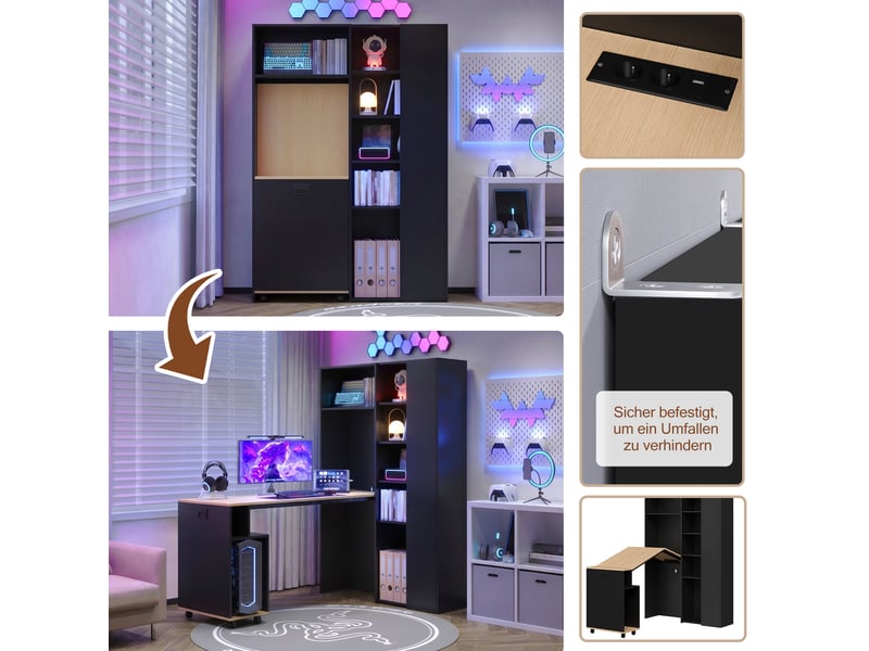 Bureau bibliothèque 2 en 1, bureau pliable avec étagères et prise usb, mdf noir et chêne, 104.5x30.5x160cm, gain de place. - Conforama R